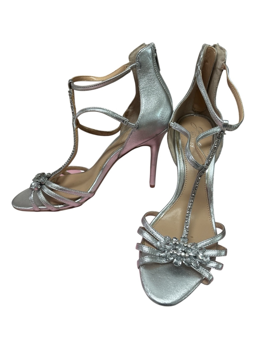 Jewel Badgley Mischka Silver Crystal T-Strap Evening Heels